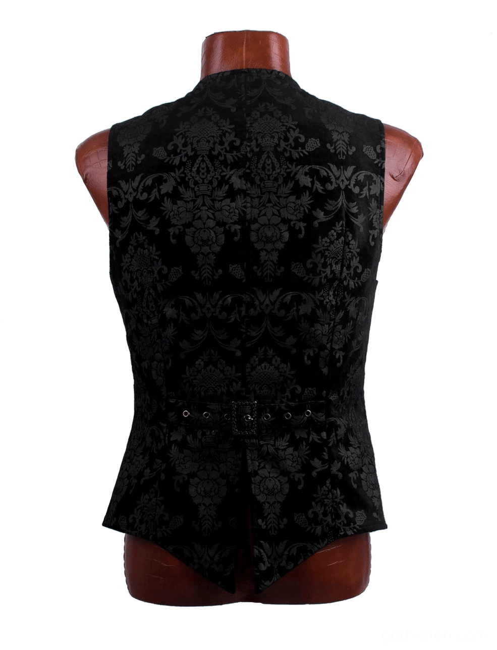 Back view of black damask gothic waistcoat on dress form, featuring waist adjustment buckle and all-over tonal pattern