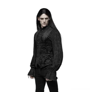 Black gothic damask waistcoat with tonal floral pattern worn with ruffled poet shirt, front view on model