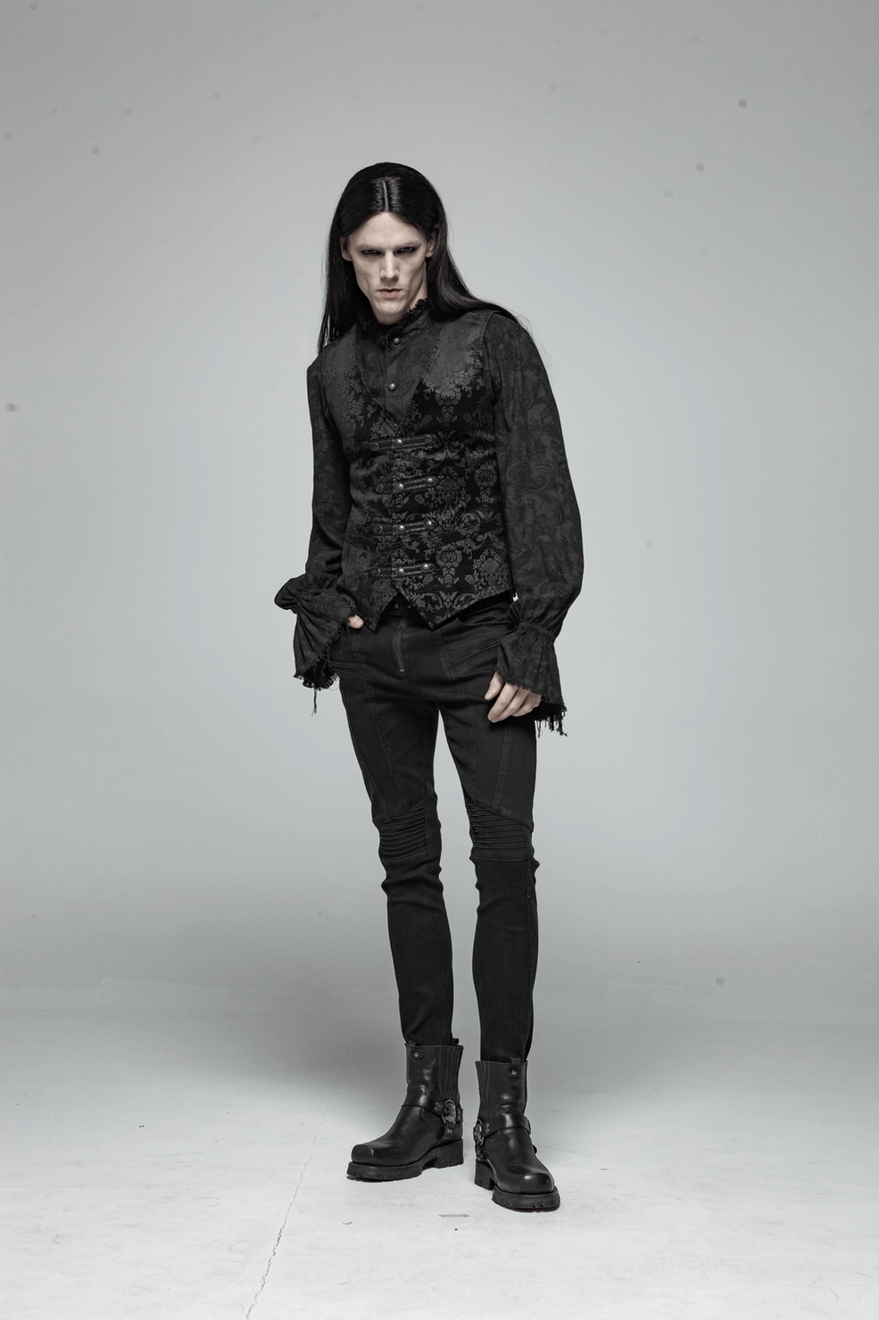 Black gothic damask waistcoat overall silhouette emphasizing romantic Victorian-inspired proportions and pattern depth