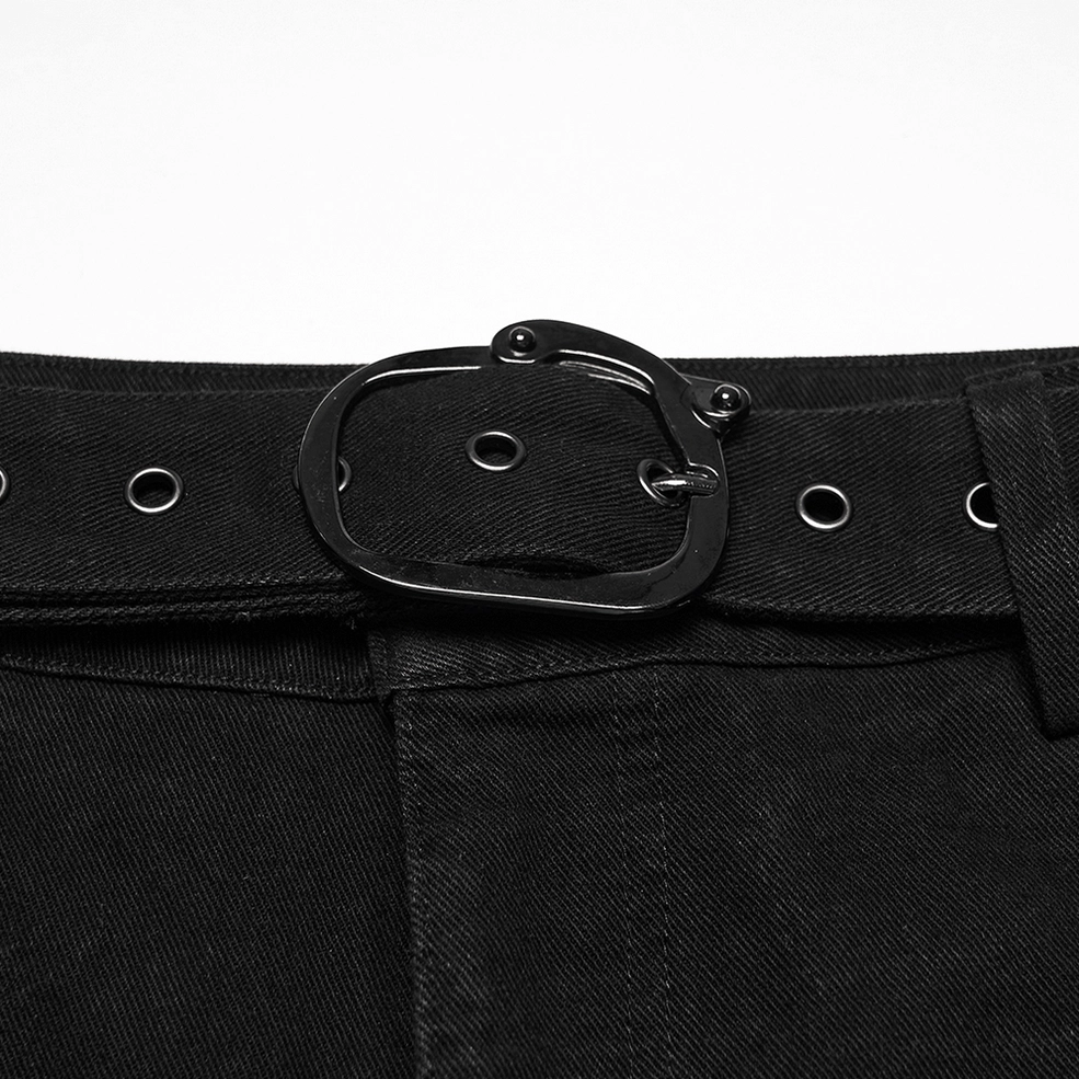 Close-up metal belt buckle D-ring grommet holes black denim waist hardware detail