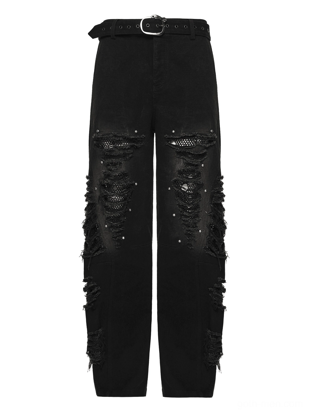 Black gothic punk denim pants front flat lay shot adjustable belt knee ripped mesh details