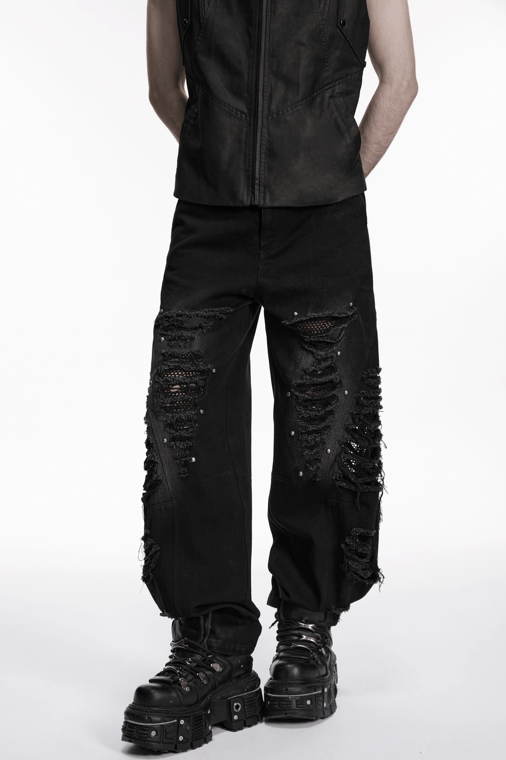 Black gothic punk denim pants model full body front stance distressed mesh details