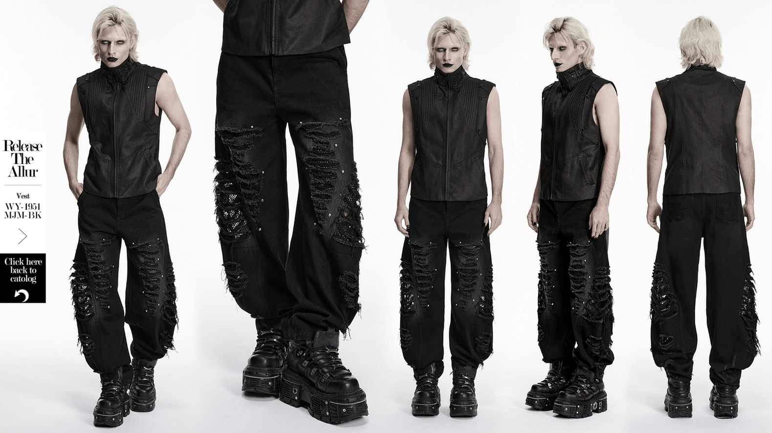 Black distressed denim pants model full length standing pose punk gothic aesthetic