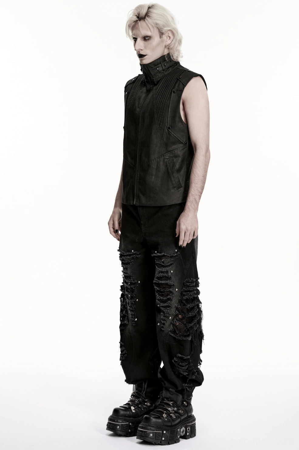 Black punk denim pants model side detail shot ripped mesh panels and stud placement