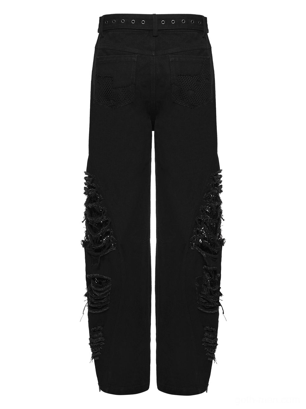 Black distressed denim pants rear flat lay back pockets grommet belt loops metal hardware
