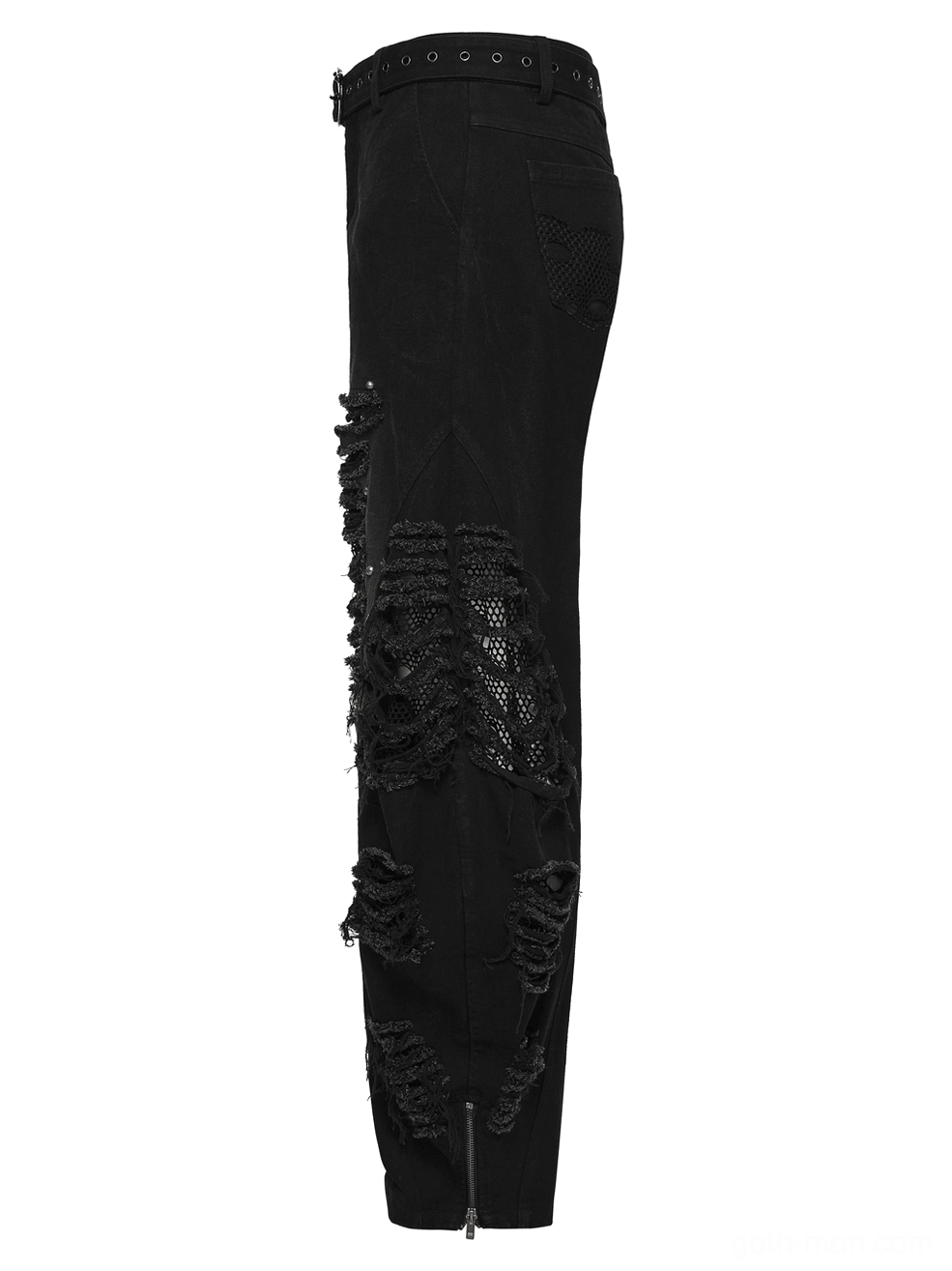 Black punk denim pants side profile flat lay ankle zipper closure ripped mesh details