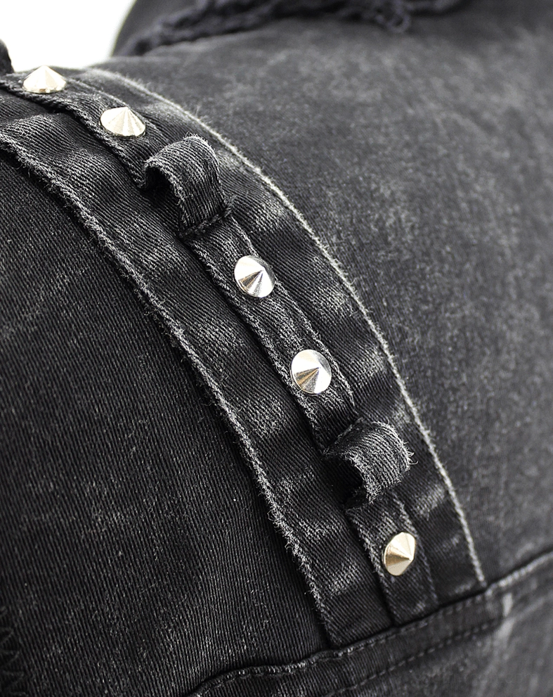 Black gothic denim sleeveless vest full front view with studded details and button placket