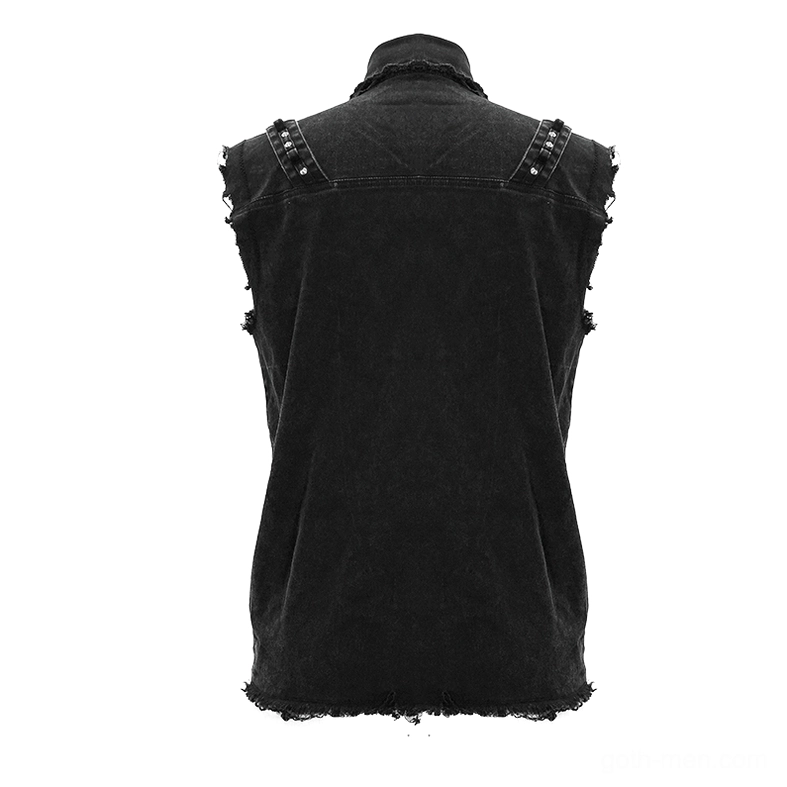 Back detail of black gothic denim vest featuring studded shoulder straps and frayed edge