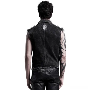 Black gothic denim vest with embroidered skull back patch - rear view showing hardware details