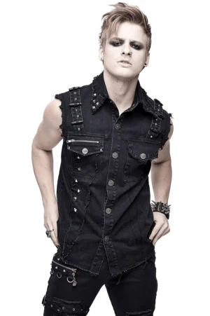 Black denim gothic vest front view on male model with pyramid studs and frayed hem
