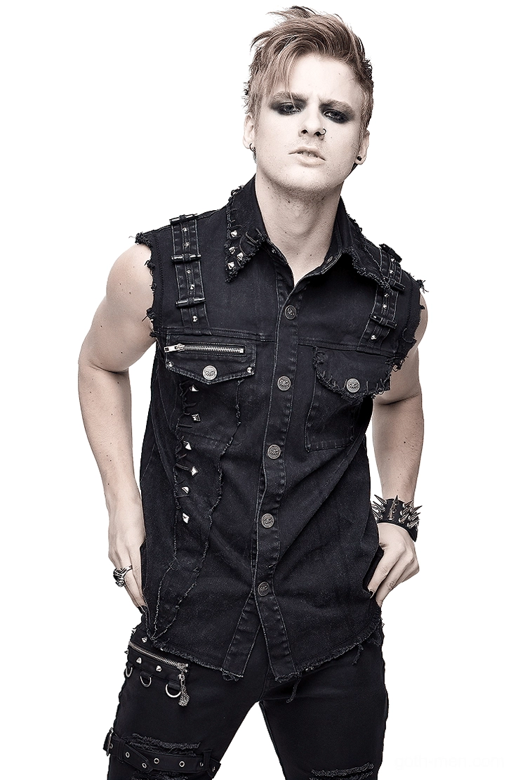 Black denim gothic vest front view on male model with pyramid studs and frayed hem