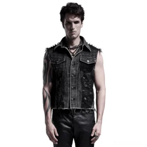 Black gothic denim vest with spiked rivets and skull patches - front view on male model