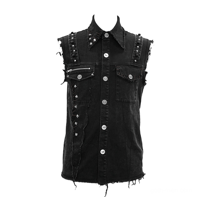 Black denim gothic vest front display on mannequin with zipper pocket and button details