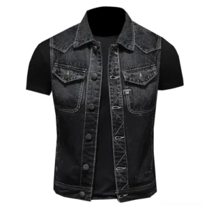 Black gothic denim biker vest for men with dual chest pockets and pointed collar, front flat view on mannequin