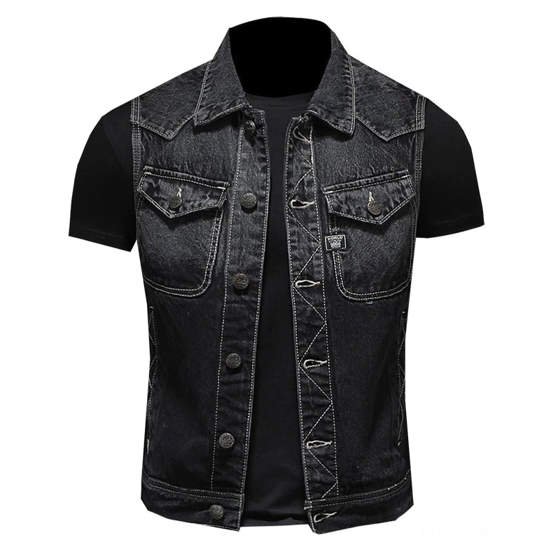 Black gothic denim biker vest for men with dual chest pockets and pointed collar, front flat view on mannequin