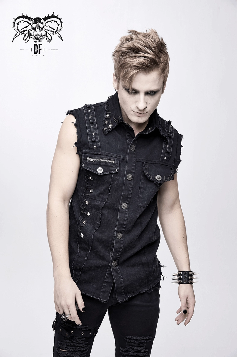 Dark black denim gothic vest close-up of studded rivets and industrial hardware details