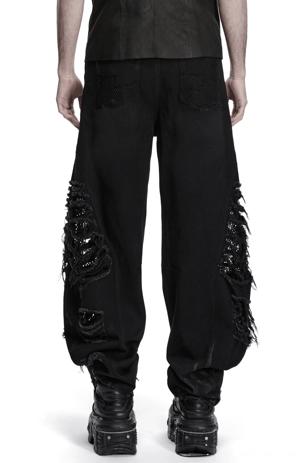Black punk denim pants rear view full body shot distressed mesh panels combat boots
