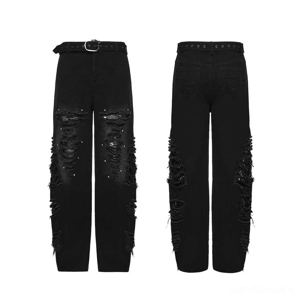 Black distressed denim pants flat lay front and rear display metal studs mesh rips belt