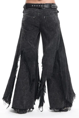 Rear view of black distressed jeans showing back pockets and wide leg silhouette with frayed hem detail