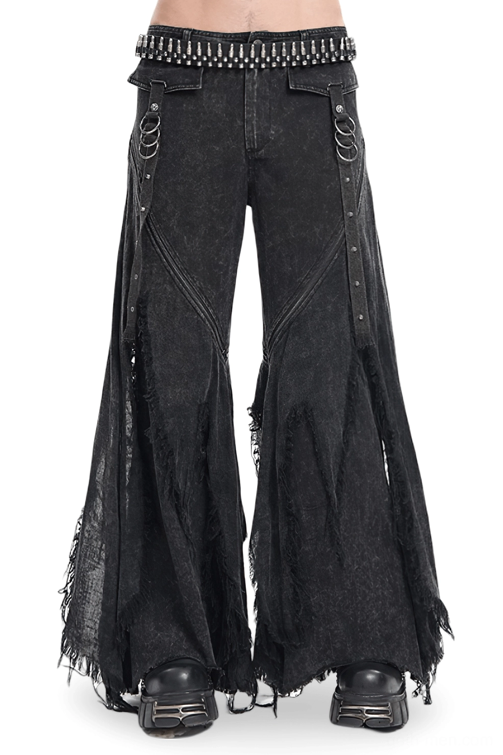 Front view of black gothic distressed flared jeans with metal D-ring straps and frayed edges, styled with platform boots