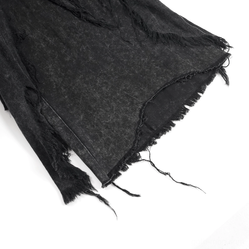 Full-length rear view of black gothic distressed jeans showing wide-leg flare and frayed hem