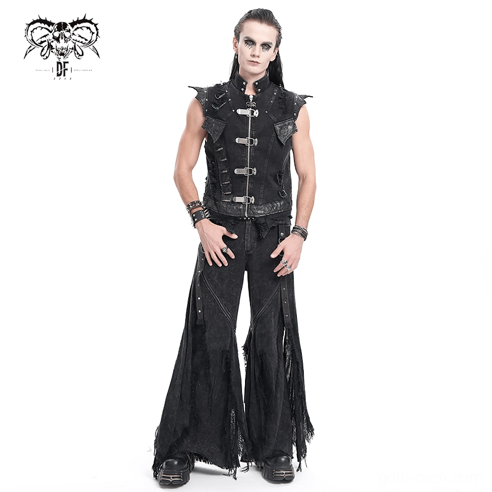Industrial hardware closeup on black gothic jeans showing metal accents and D-ring straps