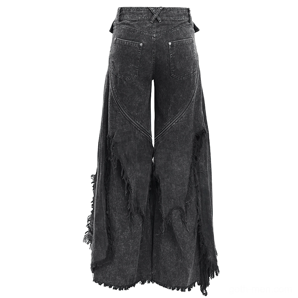 Rear angled view of black gothic distressed jeans highlighting crossed waist detail and back pockets
