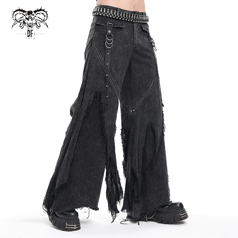 Side view of black gothic jeans with metal ring strap accents and washed denim distressing
