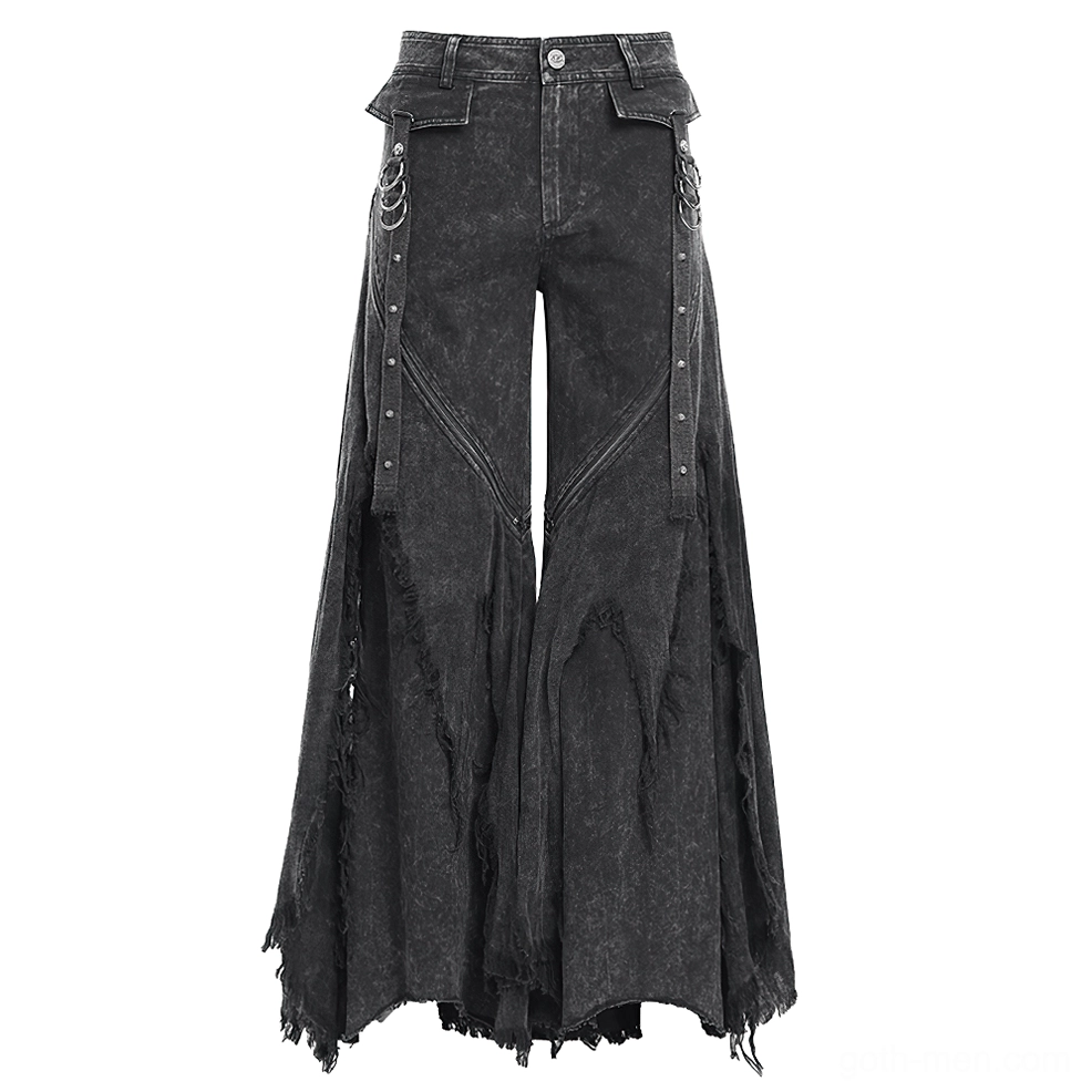 Front straight shot of black gothic distressed denim with metal ring straps and washed finish side panels
