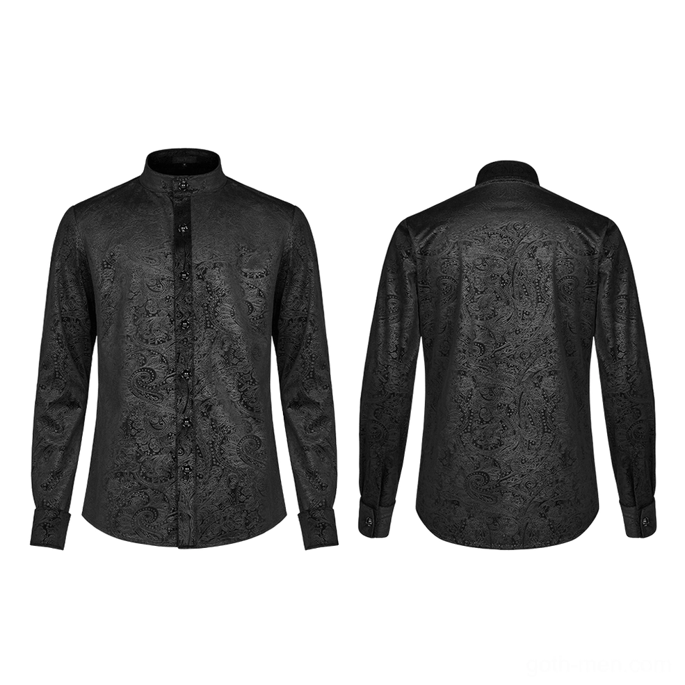 Black gothic gentleman's dress shirt with gemstone button details, flat lay front and rear comparison