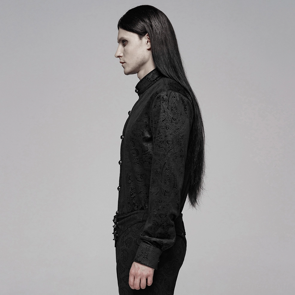 Black gothic dress shirt full-length display showing fitted cut, stand collar, and gemstone button placement