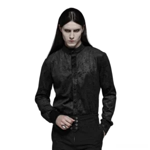 Black gothic gentleman dress shirt with gemstone buttons and paisley jacquard, front three-quarter view on male model