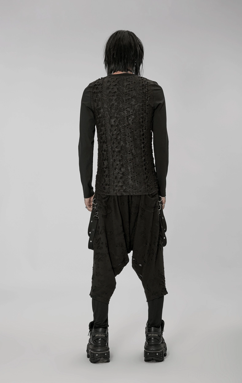 Black gothic drop-crotch cargo pants main product shot featuring avant-garde silhouette and strap system