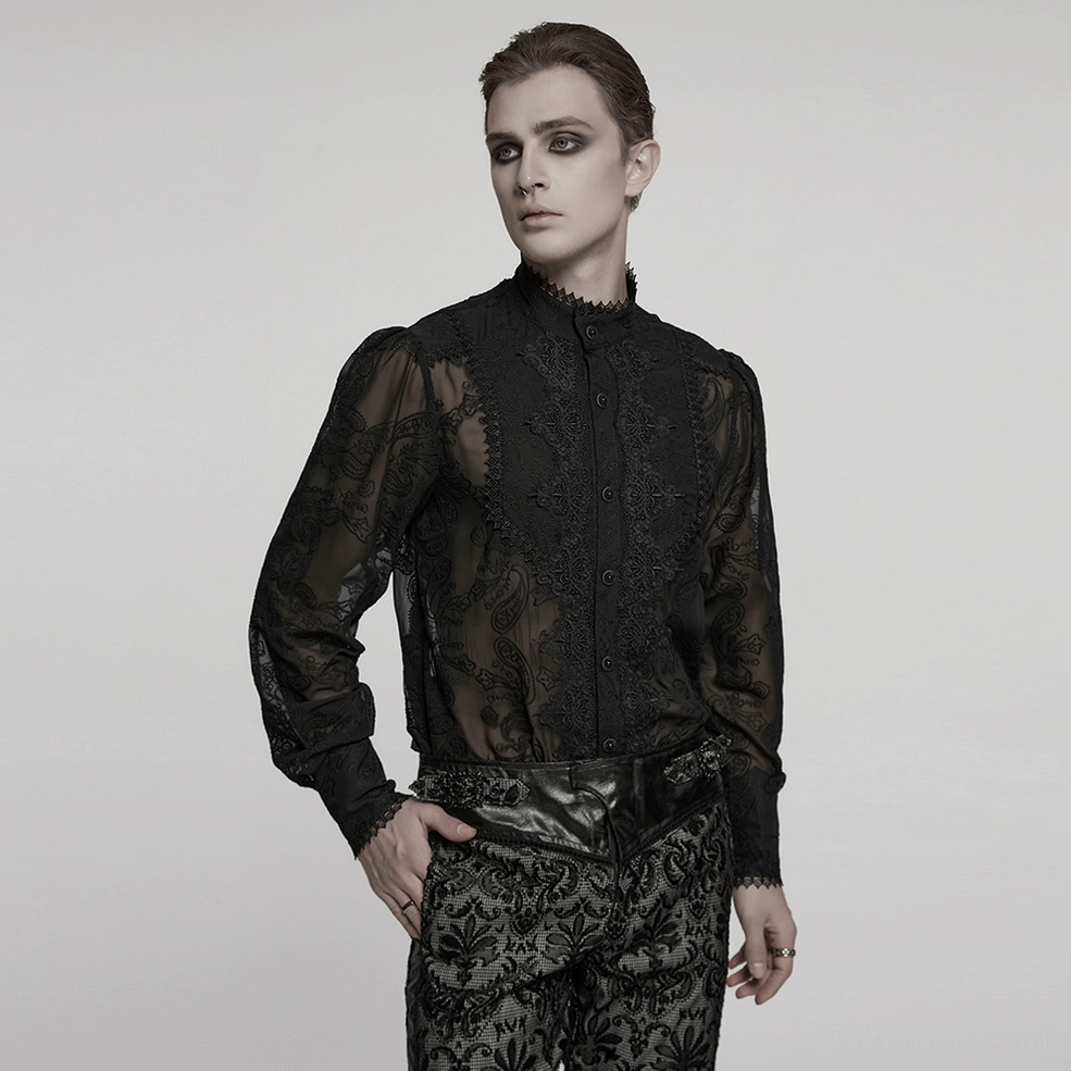 Black gothic chiffon shirt with intricate embroidered design and lace detailing, three-quarter styled view