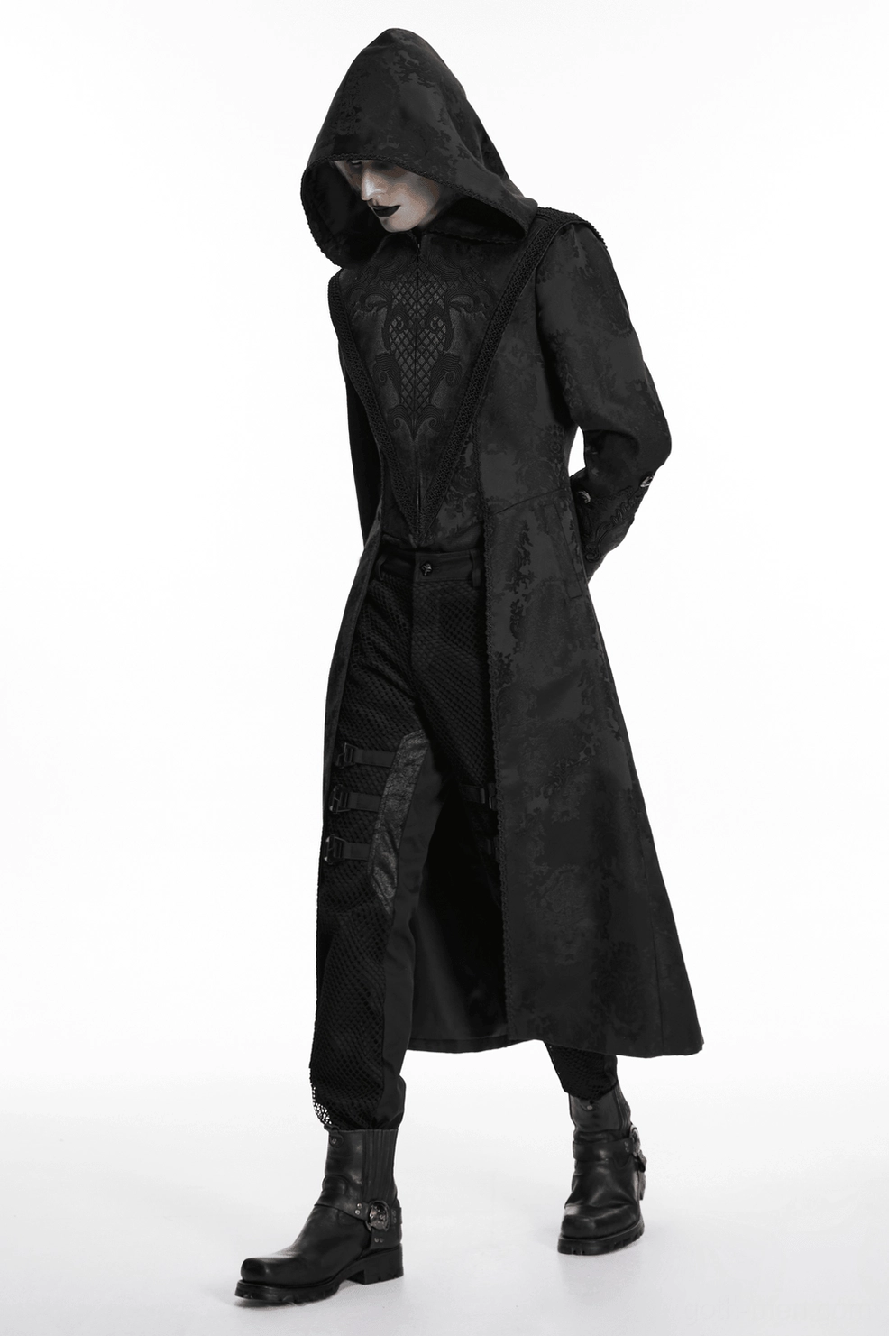 Black gothic embroidered hooded tailcoat for men - complete product overview with ornate details