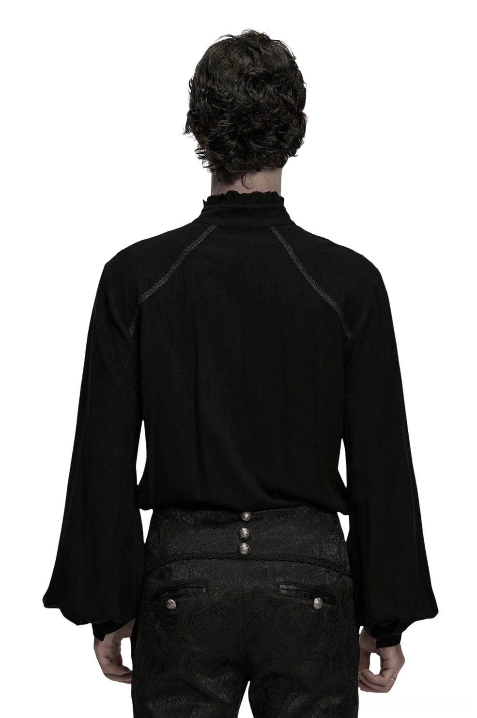 Victorian black gothic shirt rear view on model, showcasing raglan seams, flowing lantern sleeves, and embroidered details paired with gothic embroidered pants