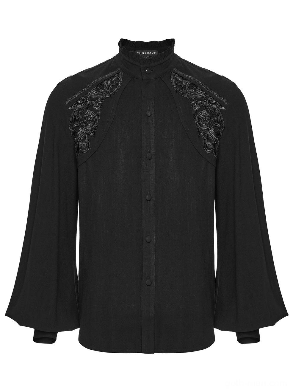 Black gothic embroidered shirt front detail showcasing ruffled stand collar, silver scroll shoulder embroidery, and button placket closure