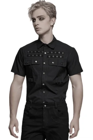 Black gothic eyelet pocket shirt front view on male model - Alternative punk streetwear