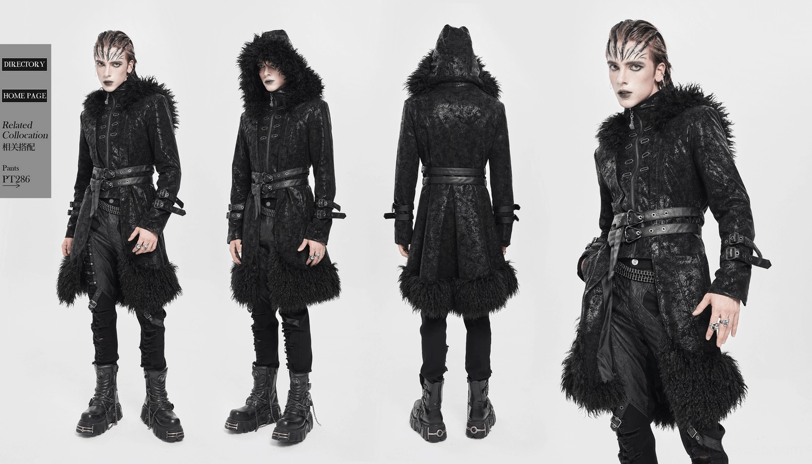 Black gothic faux fur hooded trench coat on mannequin showcasing complete design with layered straps, belts and premium construction