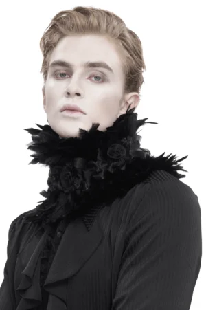 Black gothic feather collar with fabric flowers worn by male model, front view studio shot