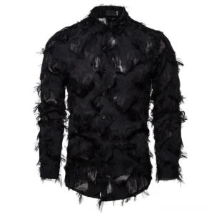 Black gothic feather lace men's shirt front view with frayed texture detail and stand collar