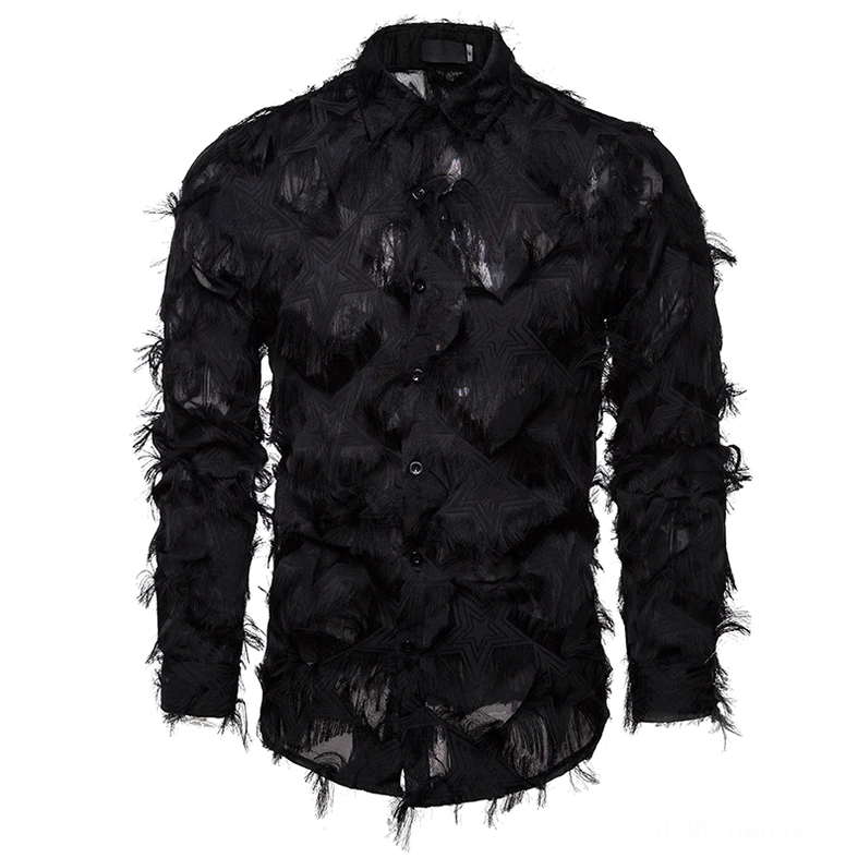 Black gothic feather lace men's shirt front view with frayed texture detail and stand collar