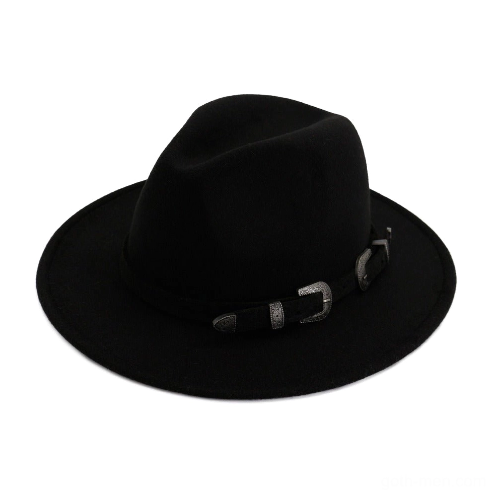Black vintage trilby fedora hat with antique western belt buckle detail, front flat lay view on white background