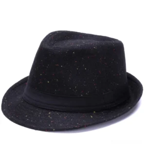 Black speckled wool fedora hat with black ribbon band and wide brim - front angle view