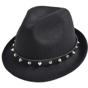 Black studded gothic fedora hat with metal rivets and leather band, front flat lay view