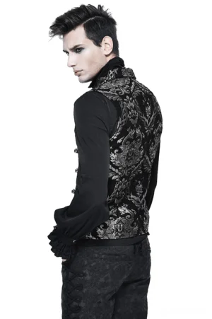 Black gothic filigree waistcoat rear view showing damask pattern on model