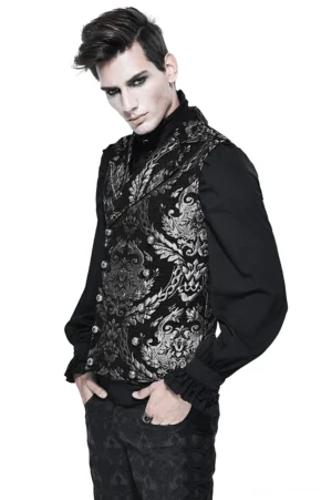 Black gothic filigree waistcoat with ornate metal buttons front view on male model