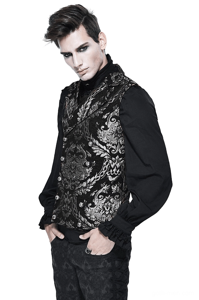 Black gothic filigree waistcoat with ornate metal buttons front view on male model