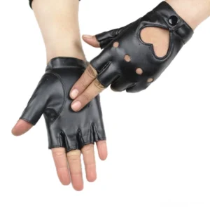 Black gothic fingerless gloves with heart cutout and studs worn on both hands, front and side view