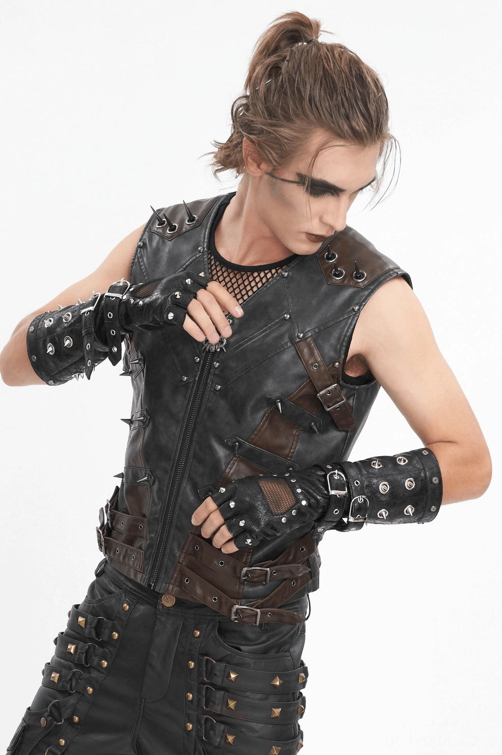Black gothic fingerless leather gloves front display view showing metal cone spikes, buckle fastenings, mesh breathing panels, and industrial aesthetic